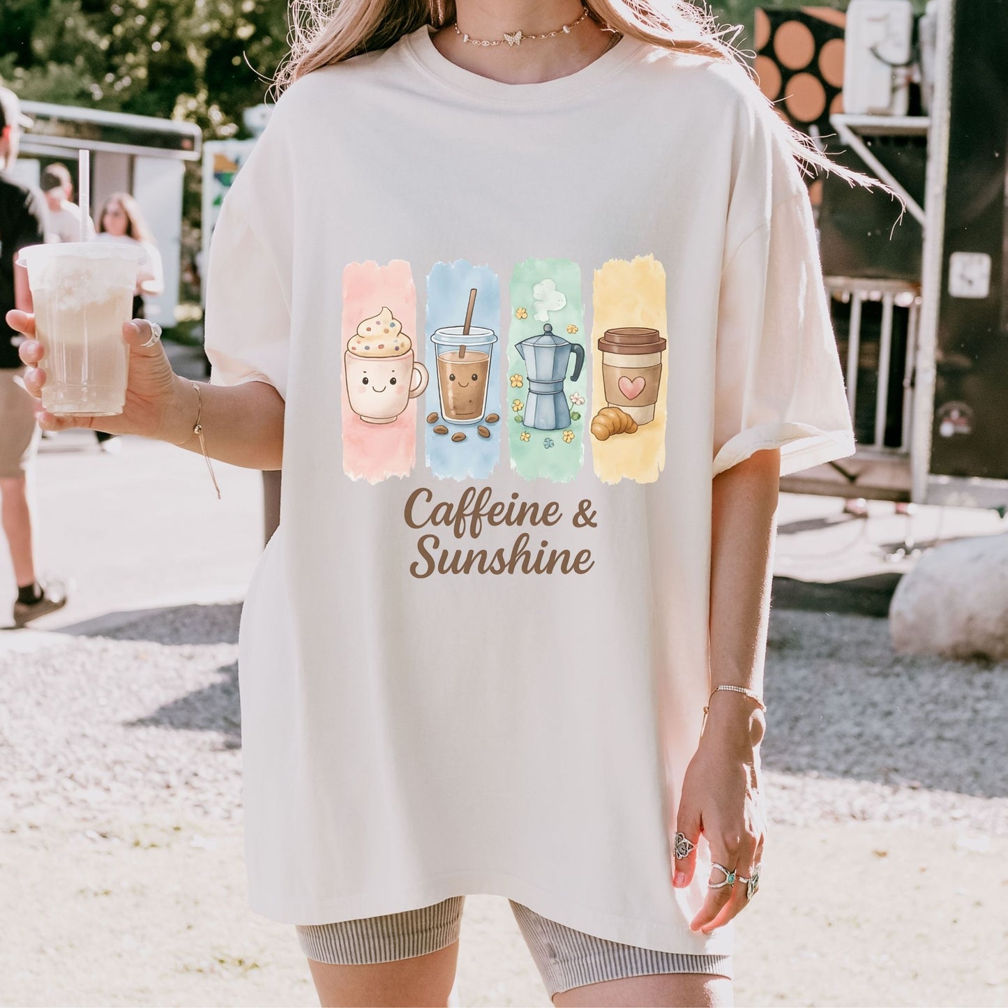 Caffeine and Sunshine Shirt, Coffee Lover Gift Tee, Kawaii Coffee T-Shirt, Summer Aesthetic Tee, Cute Oversized Graphic Tee, Espresso Shirt