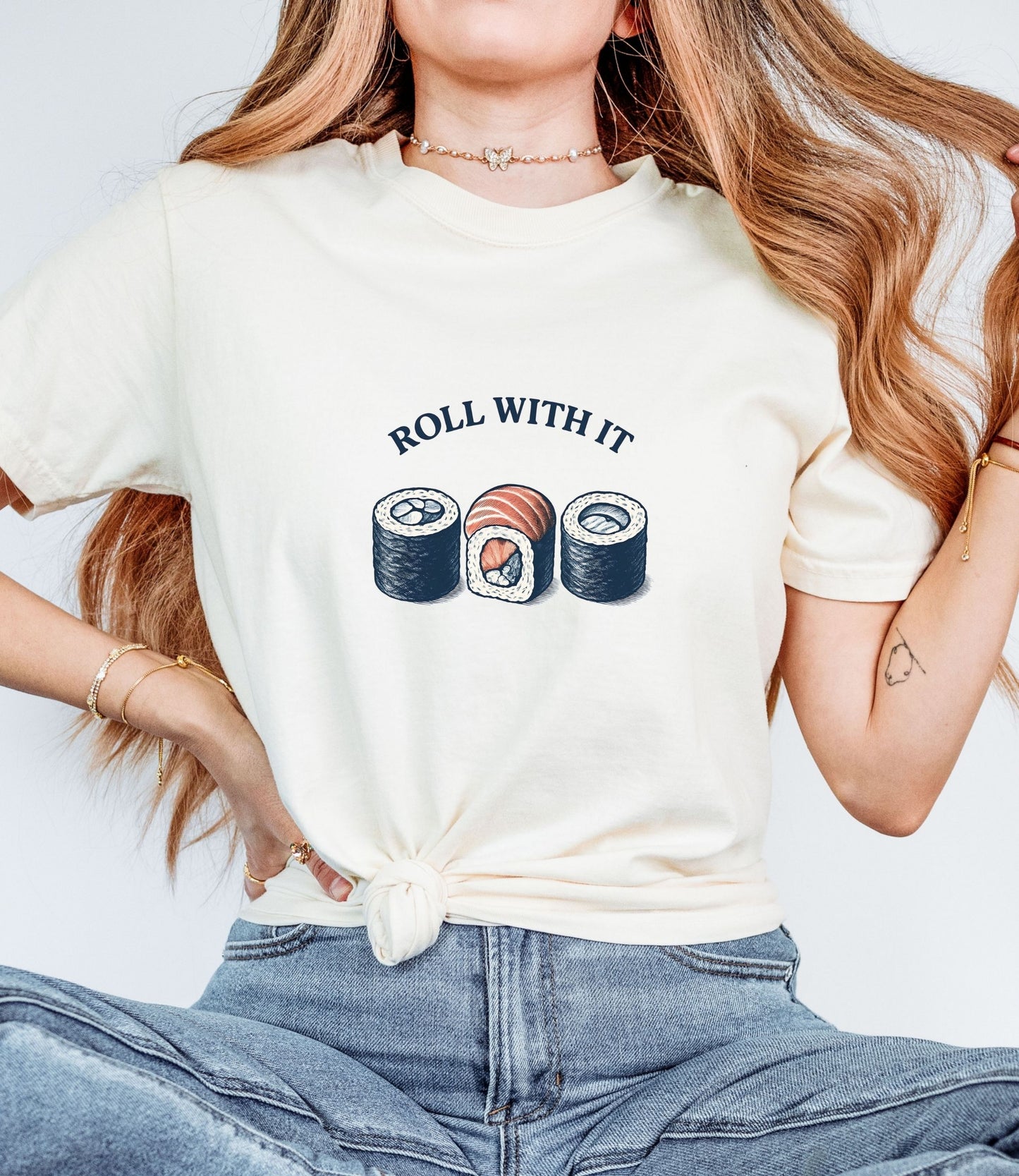 Funny Sushi Shirt Comfort Colors, Roll With It Tee, Food Pun T-shirt, Japanese Food Shirt, Cute Graphic Tee, Trendy Oversized Shirt