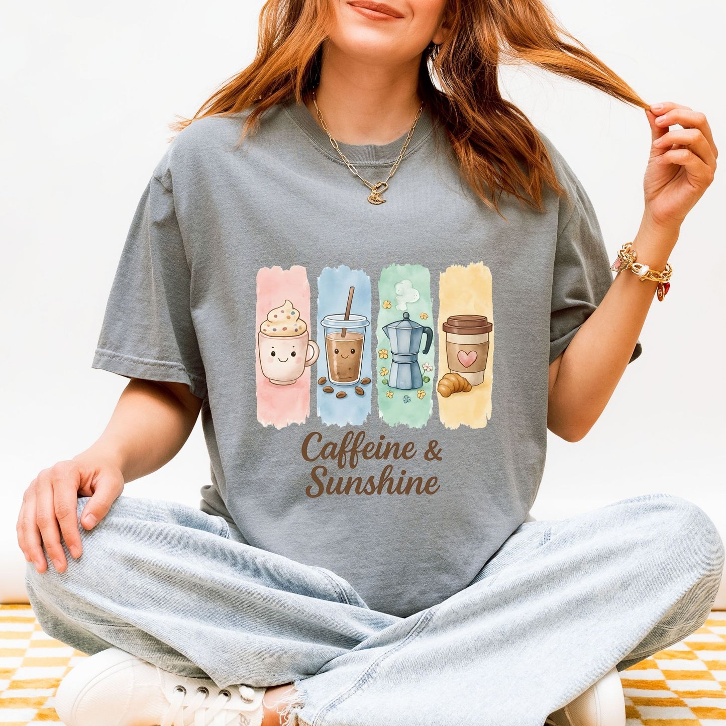 Caffeine and Sunshine Shirt, Coffee Lover Gift Tee, Kawaii Coffee T-Shirt, Summer Aesthetic Tee, Cute Oversized Graphic Tee, Espresso Shirt