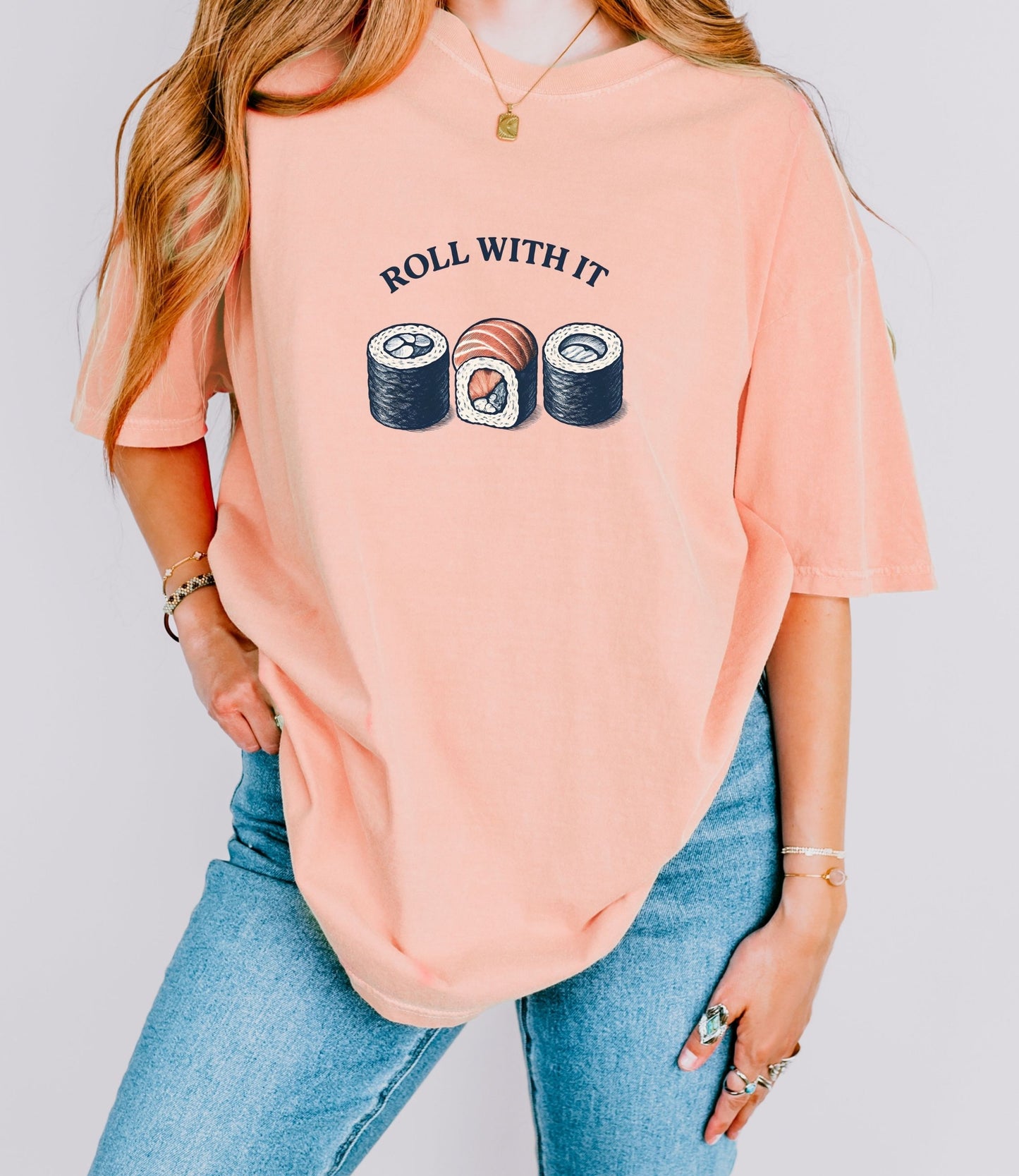 Funny Sushi Shirt Comfort Colors, Roll With It Tee, Food Pun T-shirt, Japanese Food Shirt, Cute Graphic Tee, Trendy Oversized Shirt