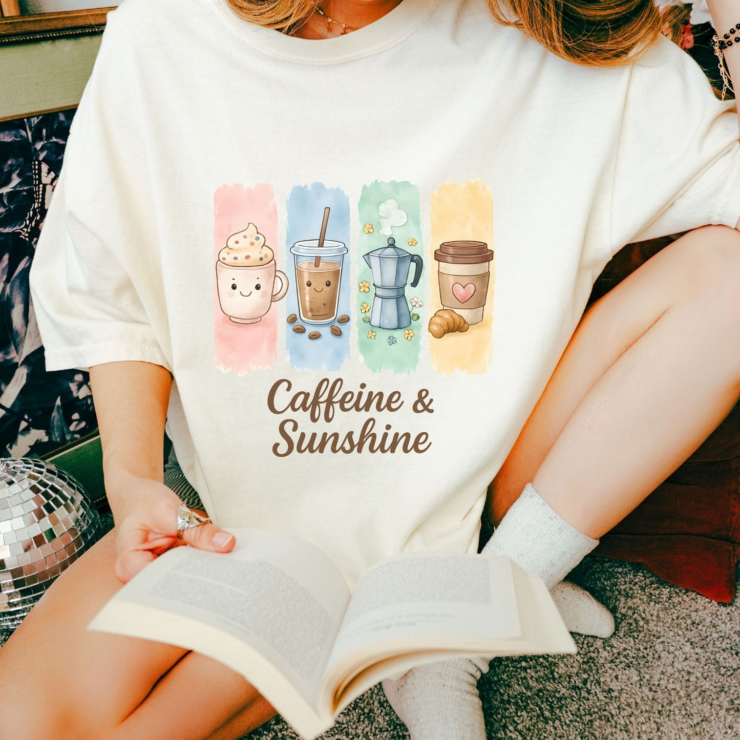 Caffeine and Sunshine Shirt, Coffee Lover Gift Tee, Kawaii Coffee T-Shirt, Summer Aesthetic Tee, Cute Oversized Graphic Tee, Espresso Shirt
