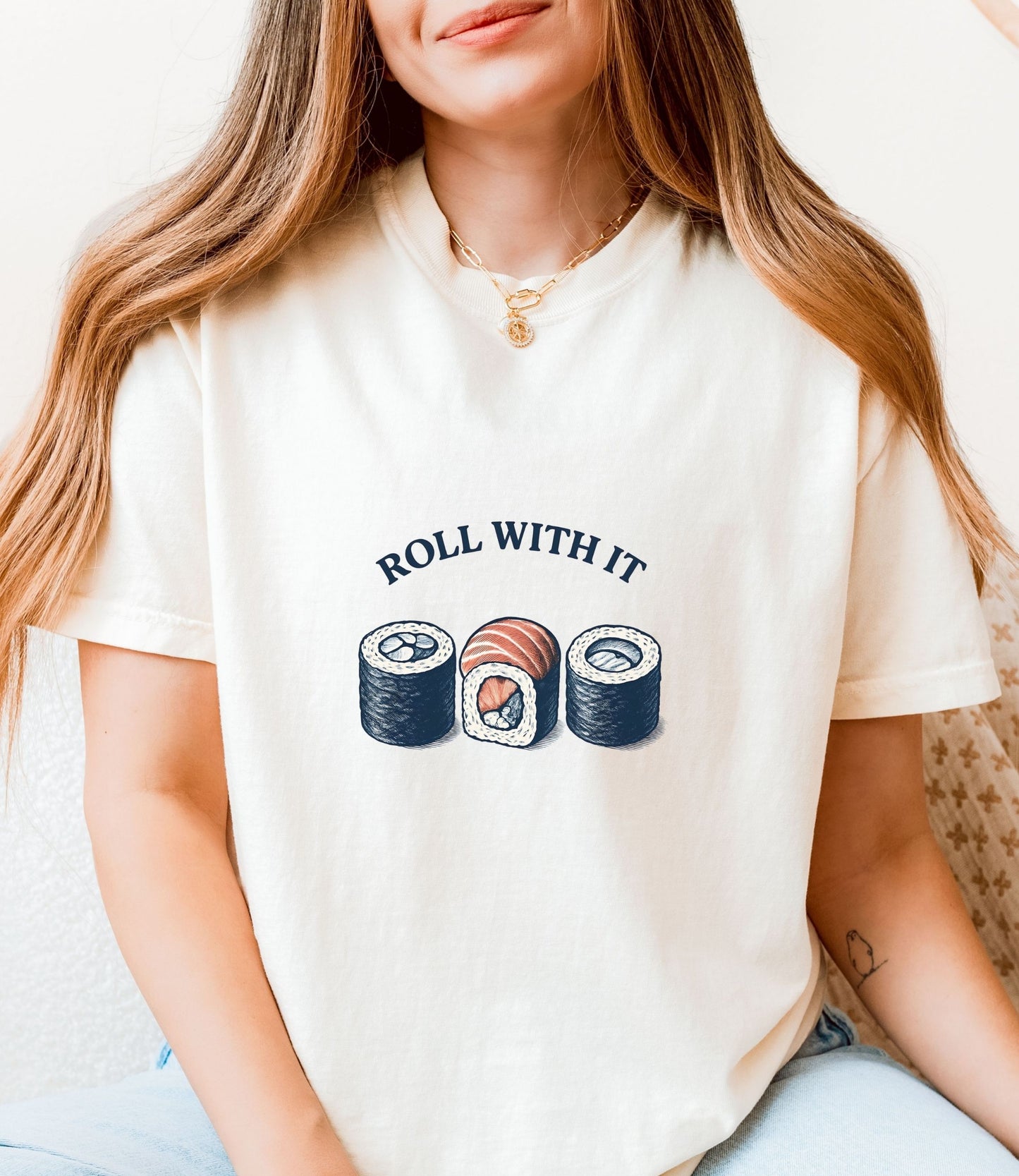 Funny Sushi Shirt Comfort Colors, Roll With It Tee, Food Pun T-shirt, Japanese Food Shirt, Cute Graphic Tee, Trendy Oversized Shirt