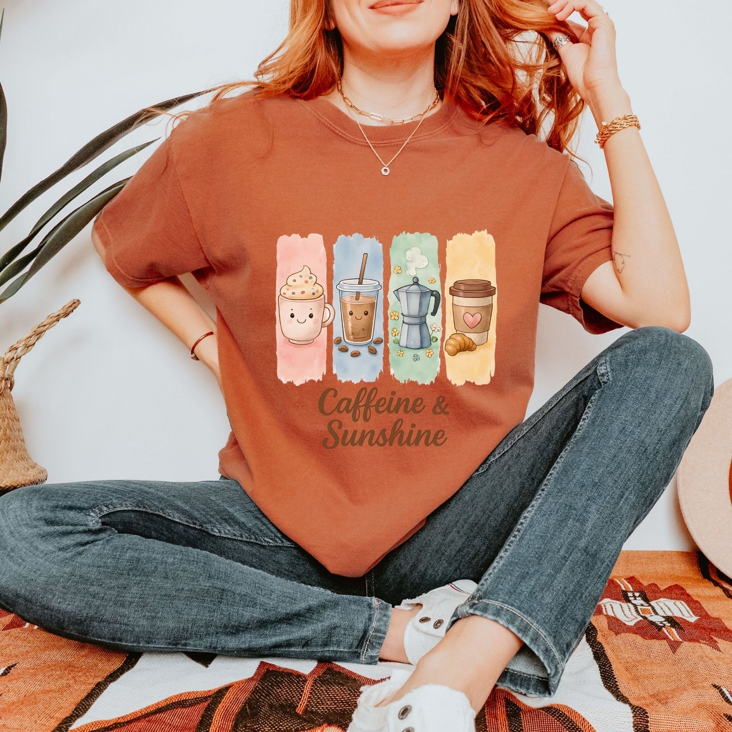 Caffeine and Sunshine Shirt, Coffee Lover Gift Tee, Kawaii Coffee T-Shirt, Summer Aesthetic Tee, Cute Oversized Graphic Tee, Espresso Shirt