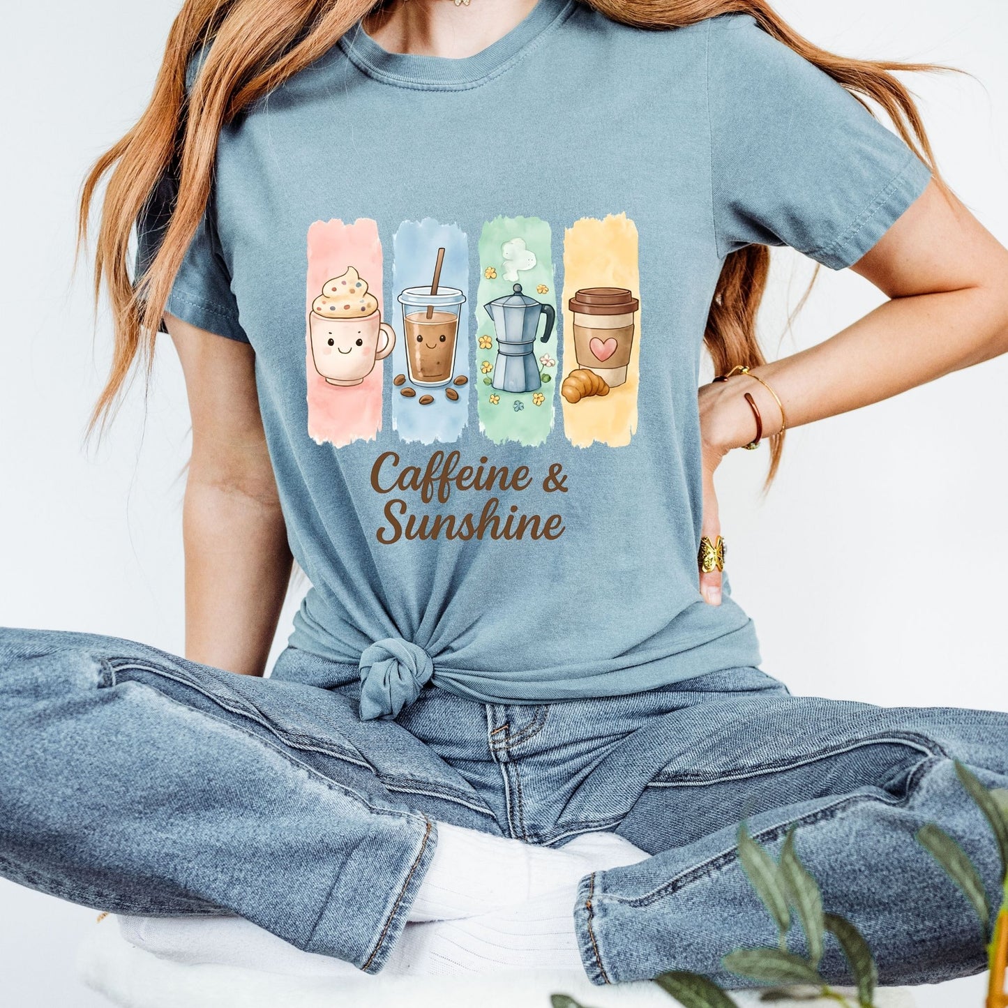 Caffeine and Sunshine Shirt, Coffee Lover Gift Tee, Kawaii Coffee T-Shirt, Summer Aesthetic Tee, Cute Oversized Graphic Tee, Espresso Shirt