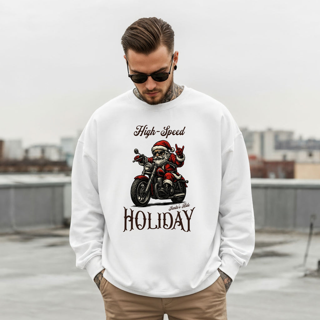 High-Speed Holiday Biker Santa Sweatshirt – Christmas Motorcycle Graphic