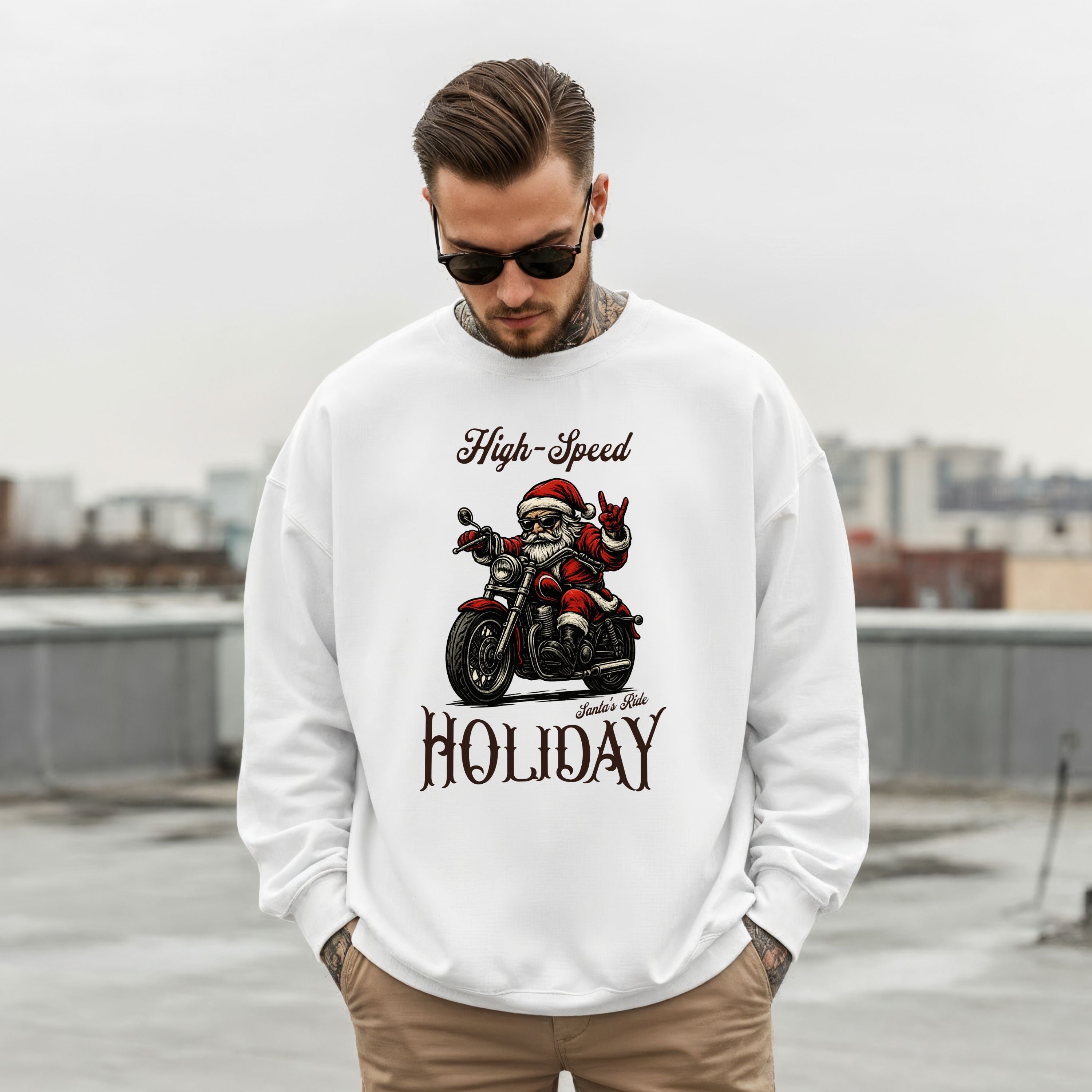 High-Speed Holiday Biker Santa Sweatshirt – Christmas Motorcycle Graphic