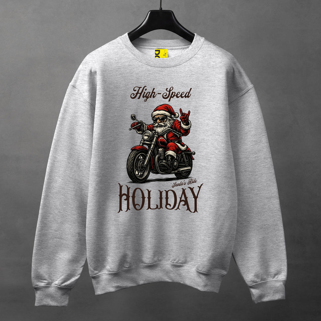 High-Speed Holiday Biker Santa Sweatshirt – Christmas Motorcycle Graphic