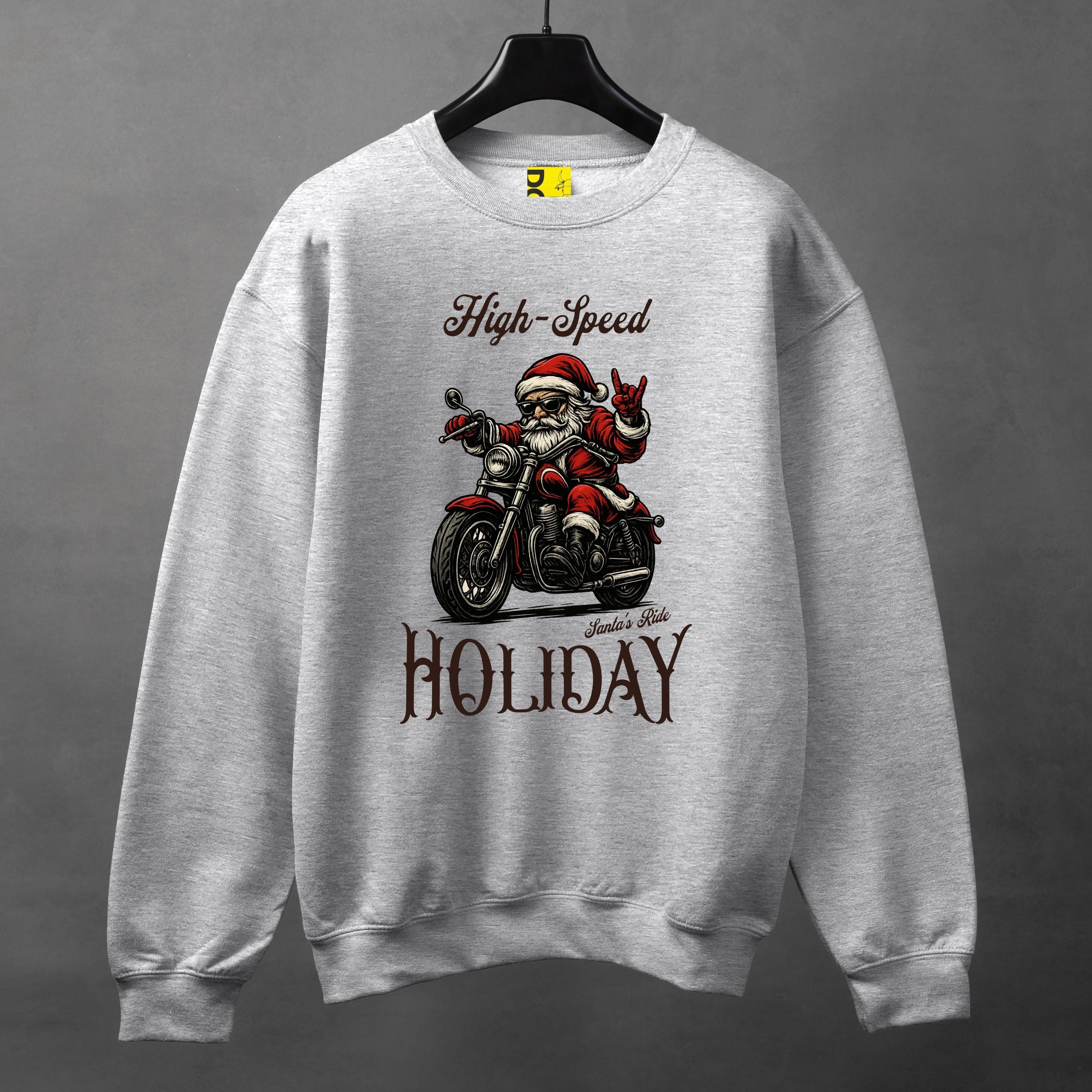 High-Speed Holiday Biker Santa Sweatshirt – Christmas Motorcycle Graphic