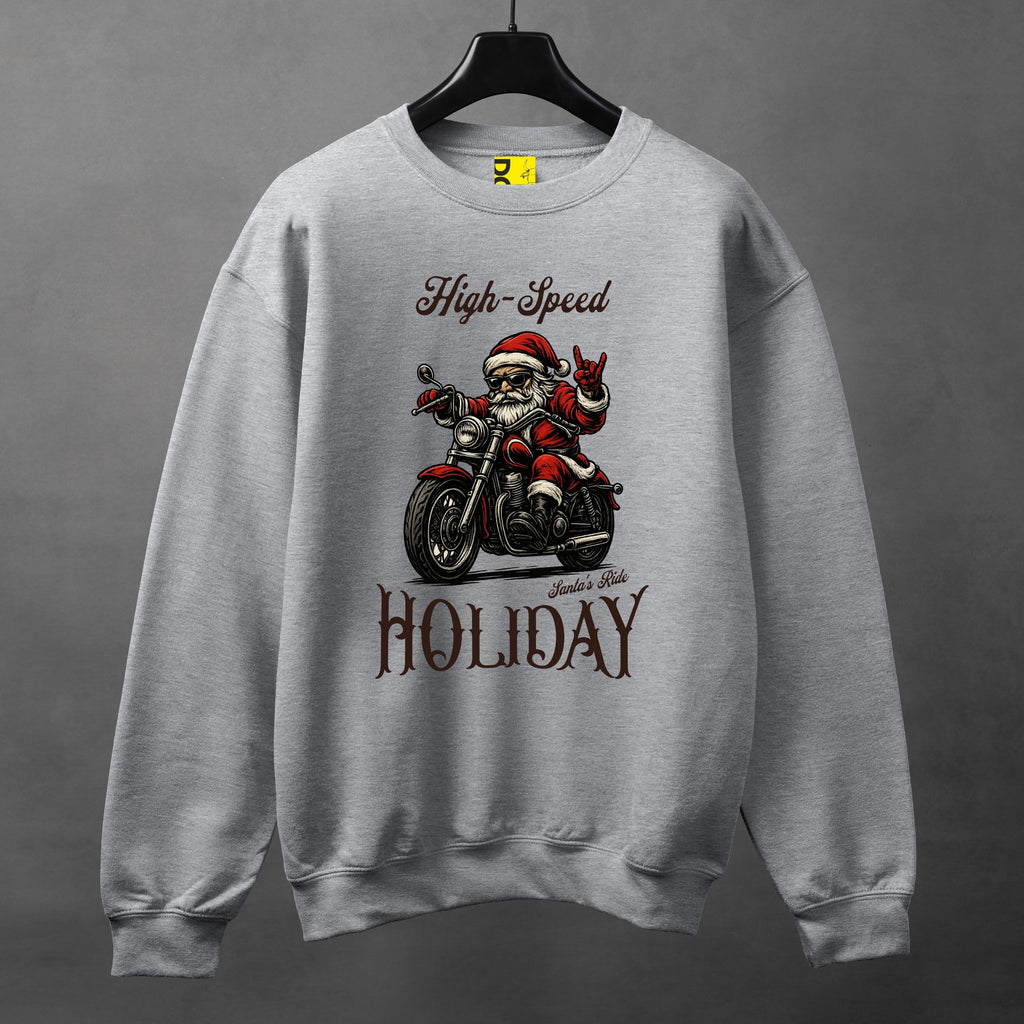 High-Speed Holiday Biker Santa Sweatshirt – Christmas Motorcycle Graphic