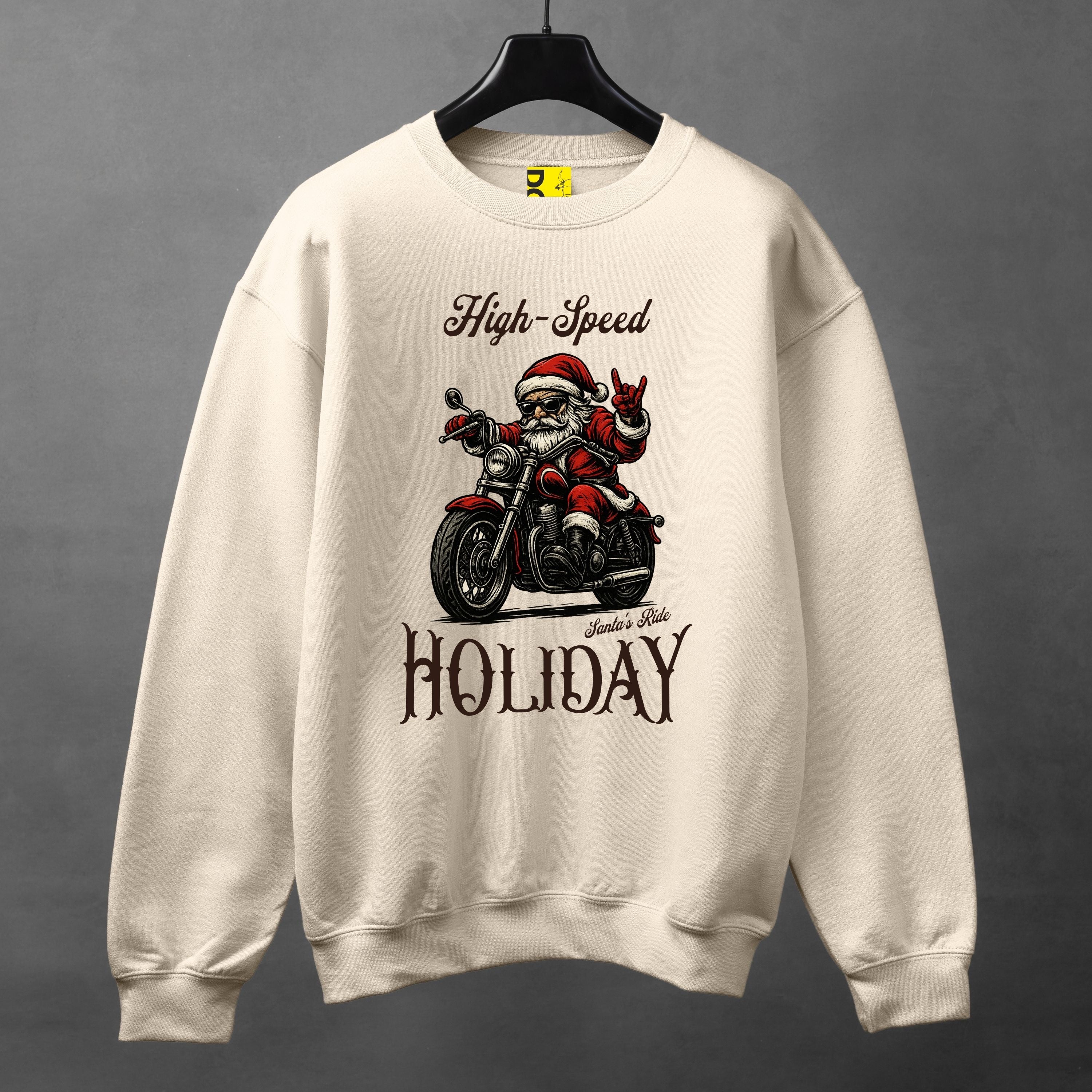 High-Speed Holiday Biker Santa Sweatshirt – Christmas Motorcycle Graphic