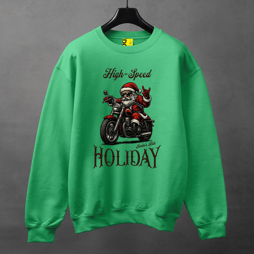 High-Speed Holiday Biker Santa Sweatshirt – Christmas Motorcycle Graphic