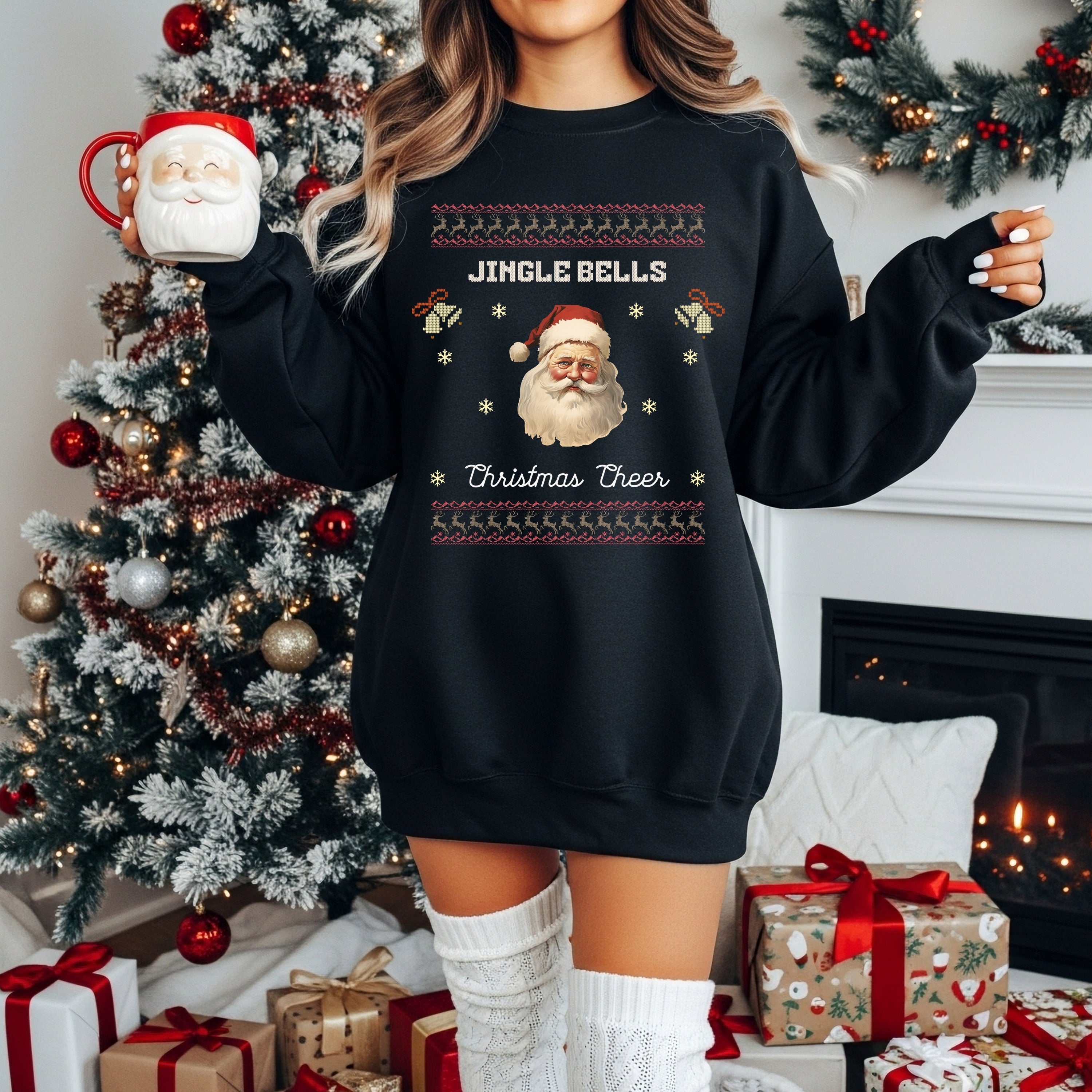 Vintage Santa Christmas Sweatshirt – “Jingle Bells” Retro Holiday Crewneck