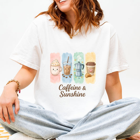 Caffeine and Sunshine Shirt, Coffee Lover Gift Tee, Kawaii Coffee T-Shirt, Summer Aesthetic Tee, Cute Oversized Graphic Tee, Espresso Shirt