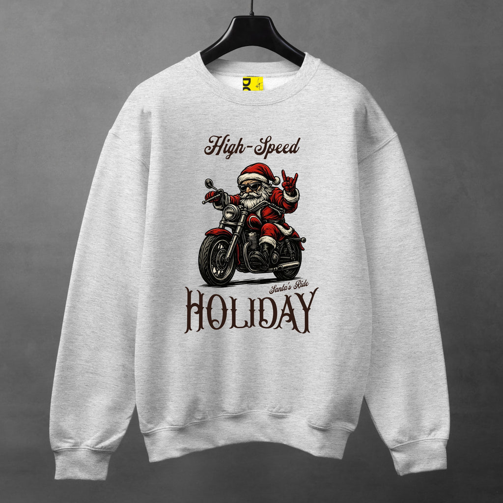 High-Speed Holiday Biker Santa Sweatshirt – Christmas Motorcycle Graphic