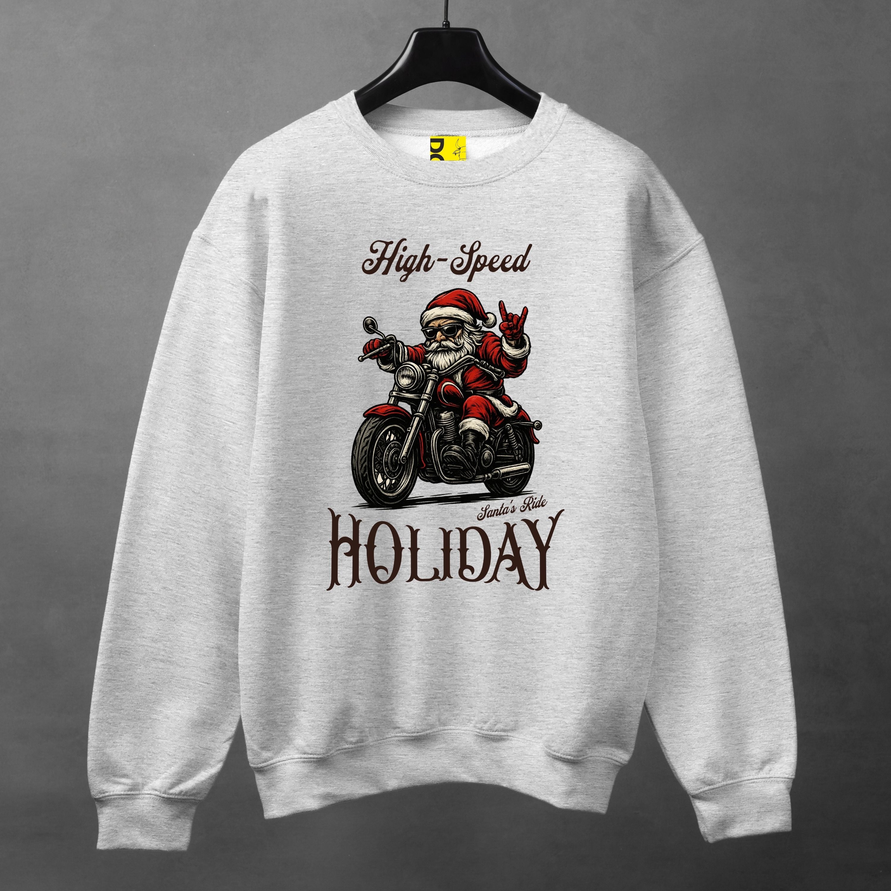 High-Speed Holiday Biker Santa Sweatshirt – Christmas Motorcycle Graphic