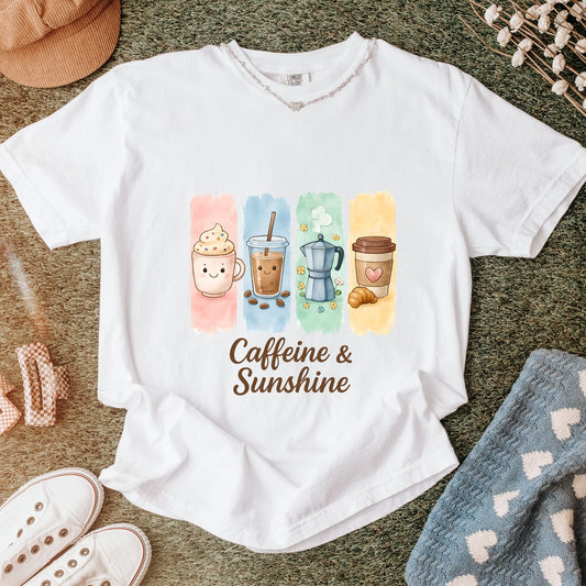 Caffeine and Sunshine Shirt, Coffee Lover Gift Tee, Kawaii Coffee T-Shirt, Summer Aesthetic Tee, Cute Oversized Graphic Tee, Espresso Shirt